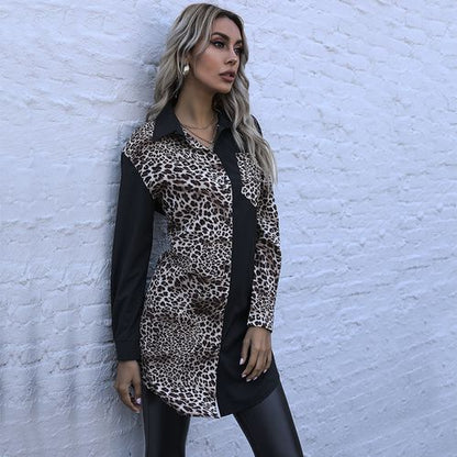 Women Leopard Print Stitching Mid-length Shirt Long Sleeve Blouse