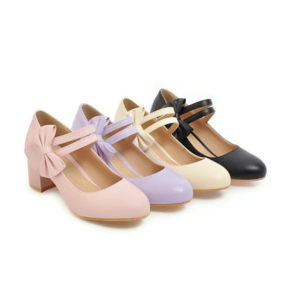 Sweet Butterfly Knot Thick Heel Mary Janes Women Chunky Pumps