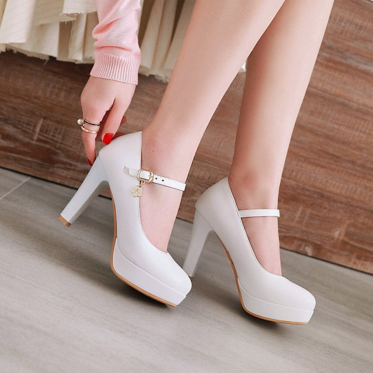 Ankle Strap Round Head Platform High Heel Women Pumps