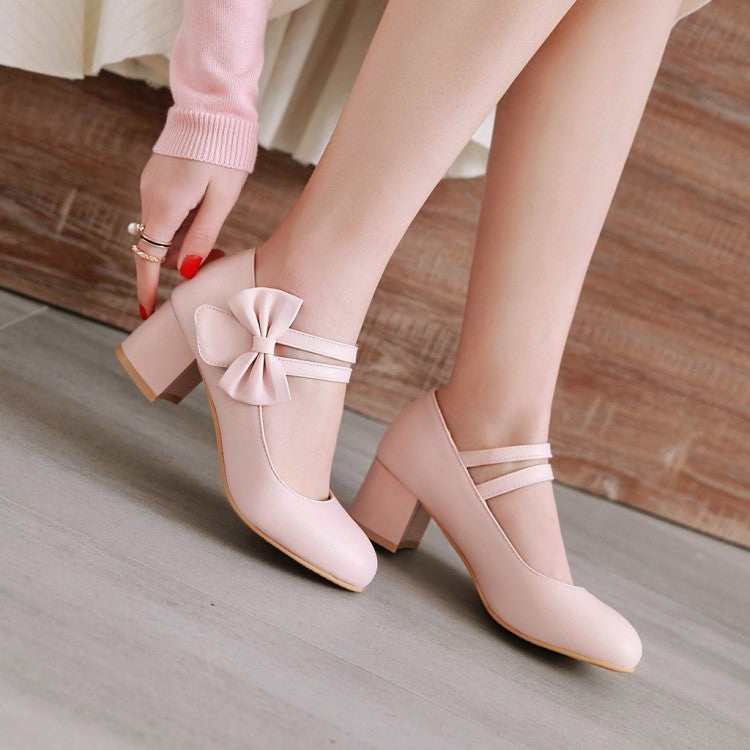 Sweet Butterfly Knot Thick Heel Mary Janes Women Chunky Pumps