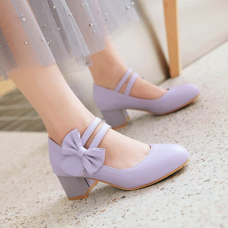 Sweet Butterfly Knot Thick Heel Mary Janes Women Chunky Pumps