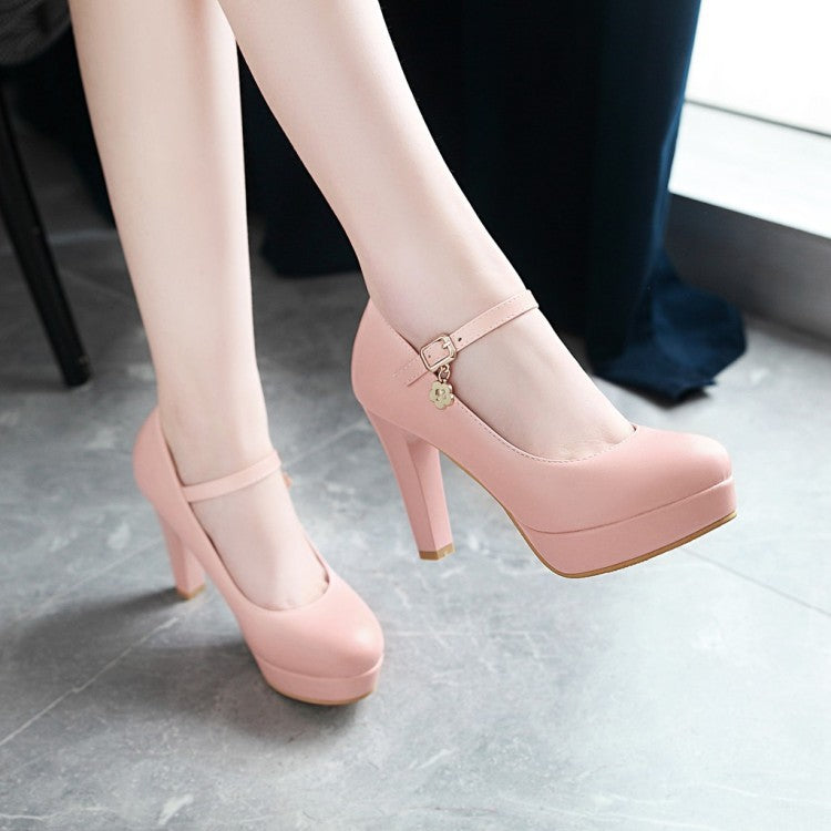 Ankle Strap Round Head Platform High Heel Women Pumps