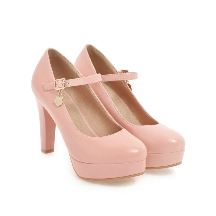 Ankle Strap Round Head Platform High Heel Women Pumps