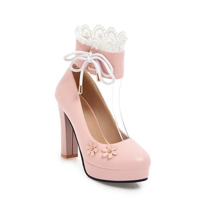 Lace Flower Mary Janes Chunky Heel Pumps for Women