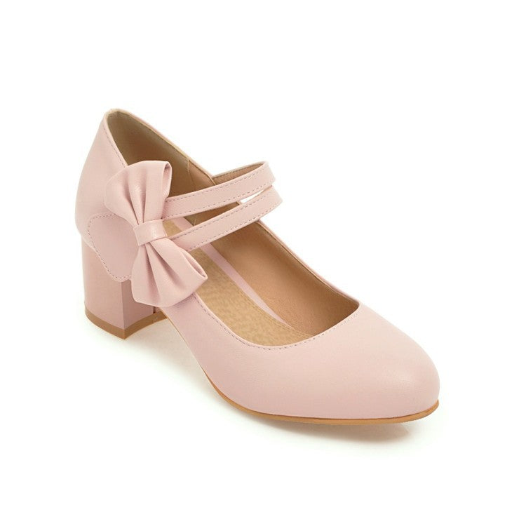 Sweet Butterfly Knot Thick Heel Mary Janes Women Chunky Pumps