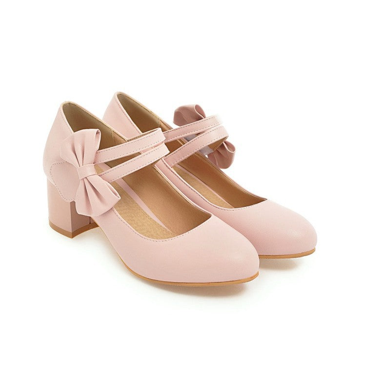 Sweet Butterfly Knot Thick Heel Mary Janes Women Chunky Pumps