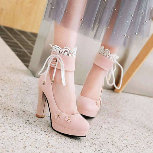 Lace Flower Mary Janes Chunky Heel Pumps for Women