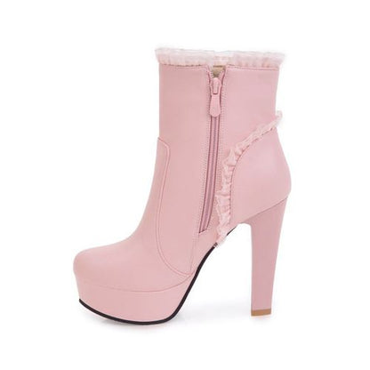 Women's Lace Rhinestone High Heels Platform Short Boots