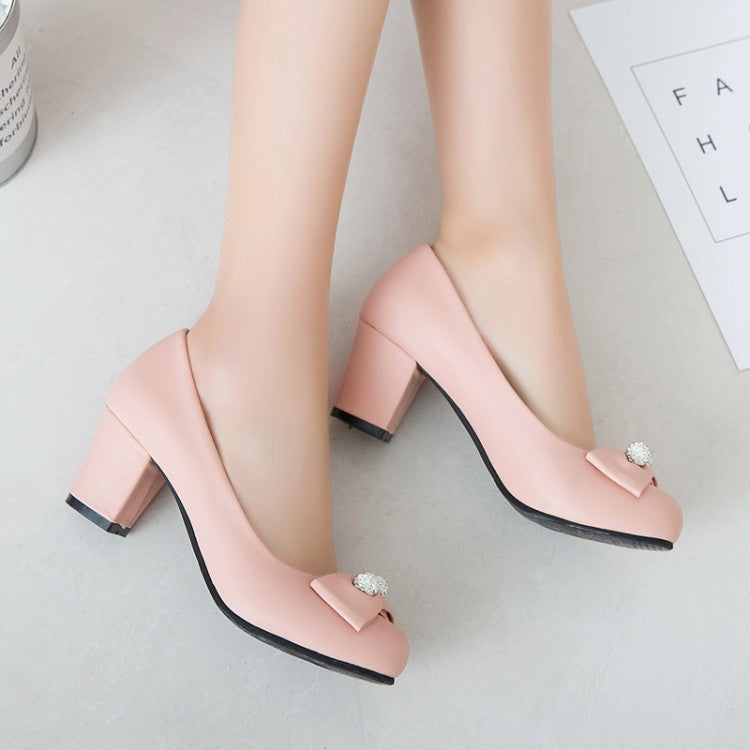 Round-Headed Butterfly Knot Women's Pumps Middle Heels Shoes