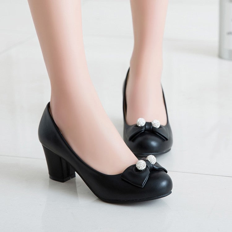 Round-Headed Butterfly Knot Women's Pumps Middle Heels Shoes