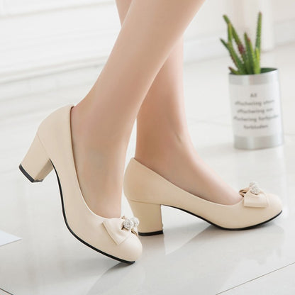 Round-Headed Butterfly Knot Women's Pumps Middle Heels Shoes