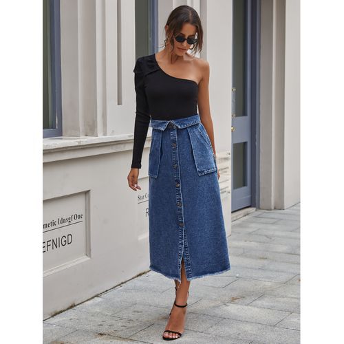 Ins Fashion Button Design Pocket Denim Long Women Skirts