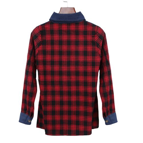 Denim Stitching Plaid Spring Slim Casual Women Blouses