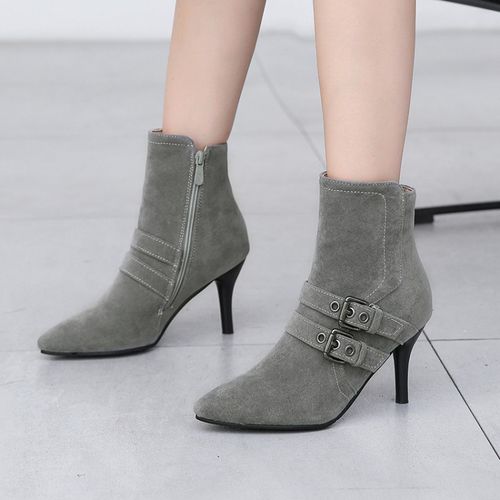 Pointed Toe Buckle Women's High Heeled Ankle Boots