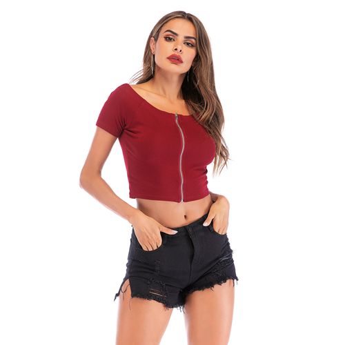 Summer Zipper Short Sleeve Fashion Slim Super Short Top Women T Shirts