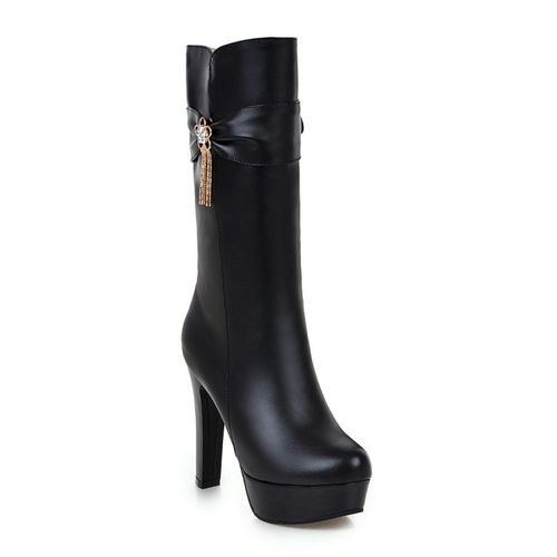 Women Rhinestone Flower High Heels Platform Mid Calf Boots