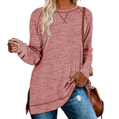 Womens Solid Color Round Neck Pullover Long Sleeved Top