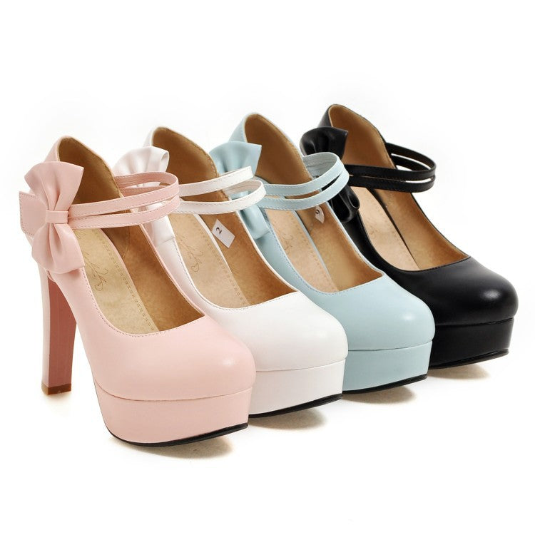 Sweet Bow Chunky High Heel Size Women Pumps Princess Shoes