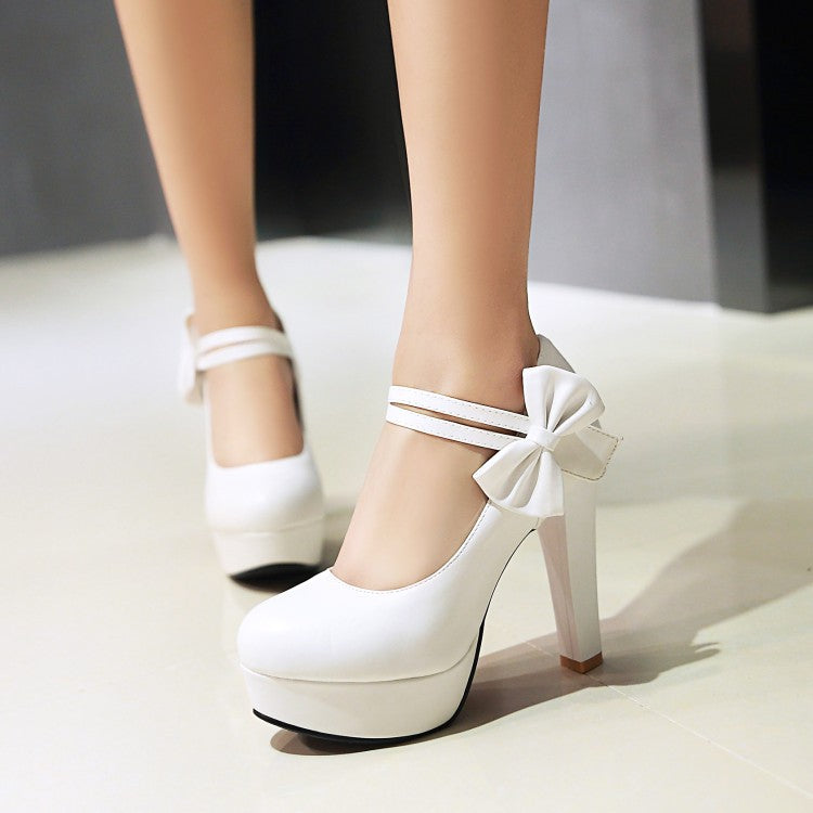 Sweet Bow Chunky High Heel Size Women Pumps Princess Shoes