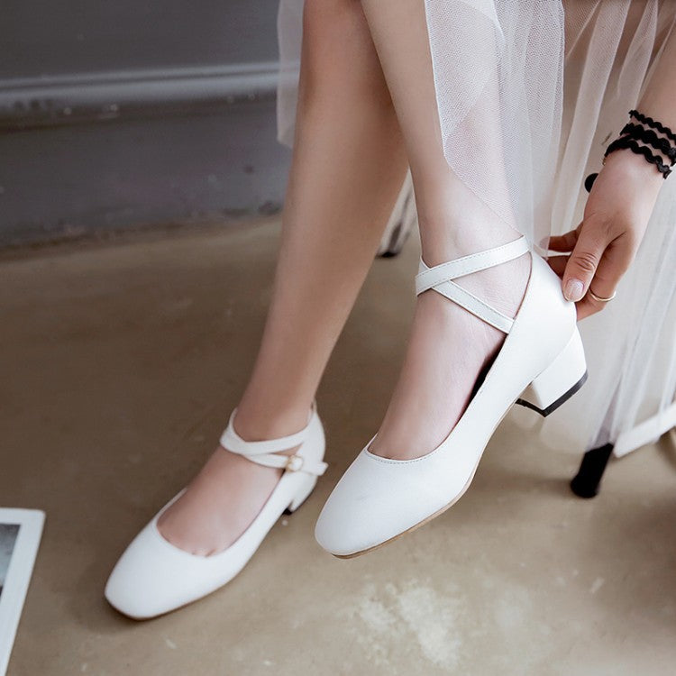 Leisure Cross-buckle Middle Heels Round Head Women Pumps