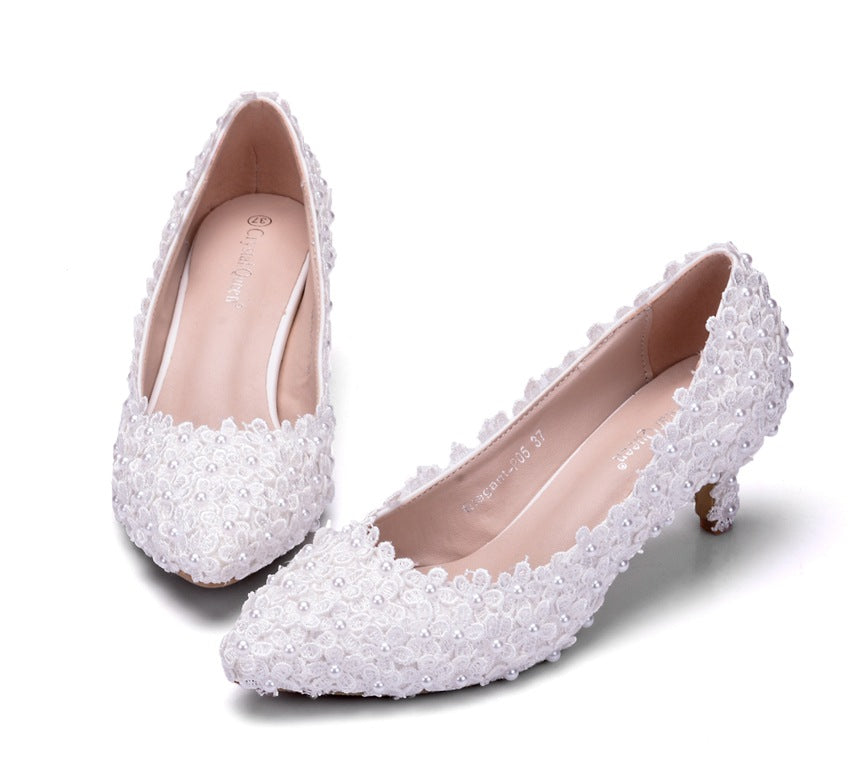 Women Pointed Toe Lace Pearls Bridal Wedding Shoes Pumps Stiletto Heel