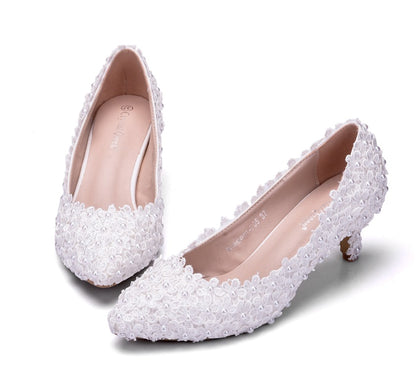 Women Pointed Toe Lace Pearls Bridal Wedding Shoes Pumps Stiletto Heel