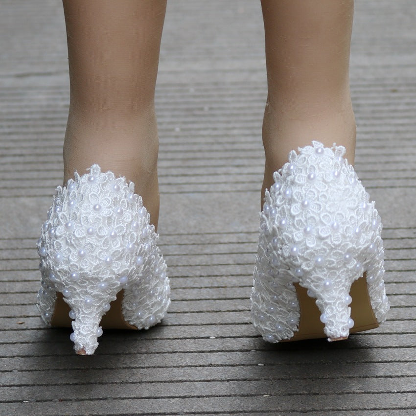 Women Pointed Toe Lace Pearls Bridal Wedding Shoes Pumps Stiletto Heel