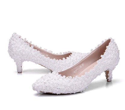 Women Pointed Toe Lace Pearls Bridal Wedding Shoes Pumps Stiletto Heel