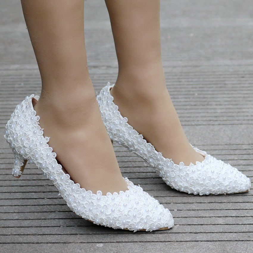 Women Pointed Toe Lace Pearls Bridal Wedding Shoes Pumps Stiletto Heel