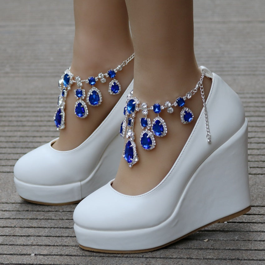 Women Round Toe Rhinestone Chains Wedding Wedge Heel Platform Pumps