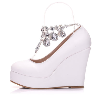 Women Round Toe Rhinestone Chains Wedding Wedge Heel Platform Pumps