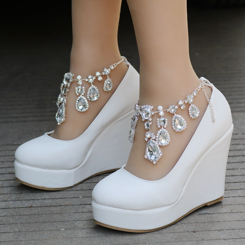 Women Round Toe Rhinestone Chains Wedding Wedge Heel Platform Pumps