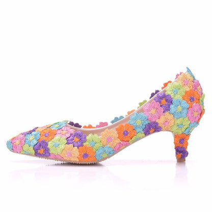 Women Pointed Toe Lace Flora Bridal Wedding Shoes Pumps Stiletto Heel