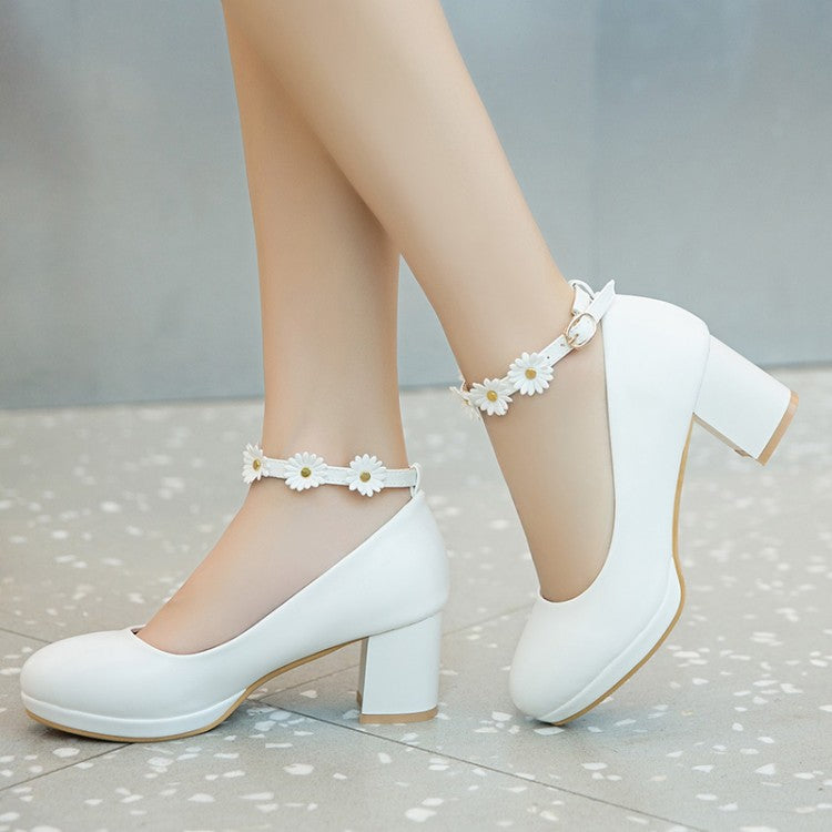 Round Head Thick Heel High Heel Sweet Flowers Women Pumps