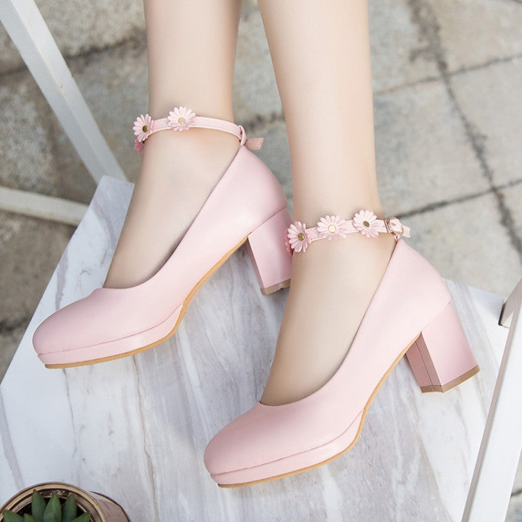 Round Head Thick Heel High Heel Sweet Flowers Women Pumps