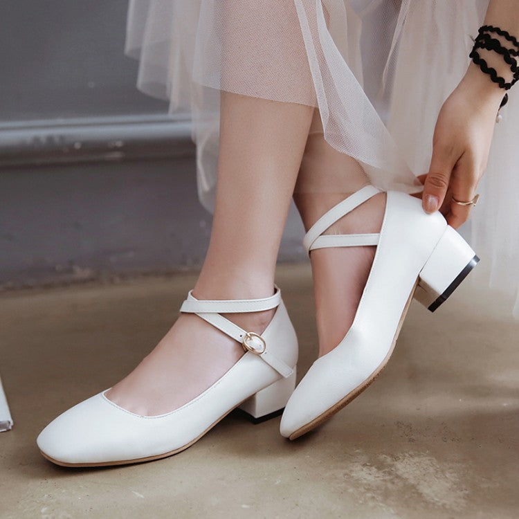 Leisure Cross-buckle Middle Heels Round Head Women Pumps