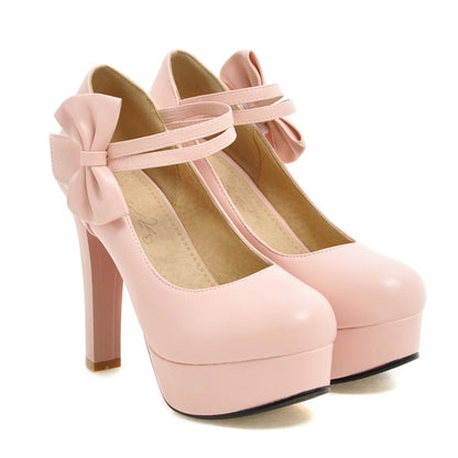 Sweet Bow Chunky High Heel Size Women Pumps Princess Shoes