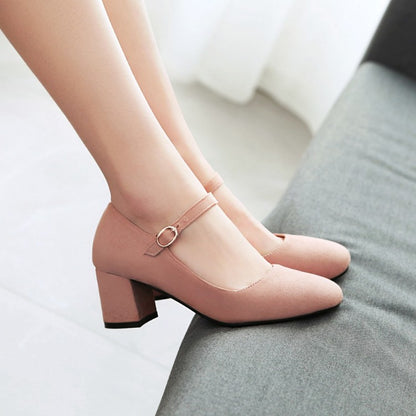 Casual Square Toe Buckle Mary Janes Women's Chunky Heels Pumps