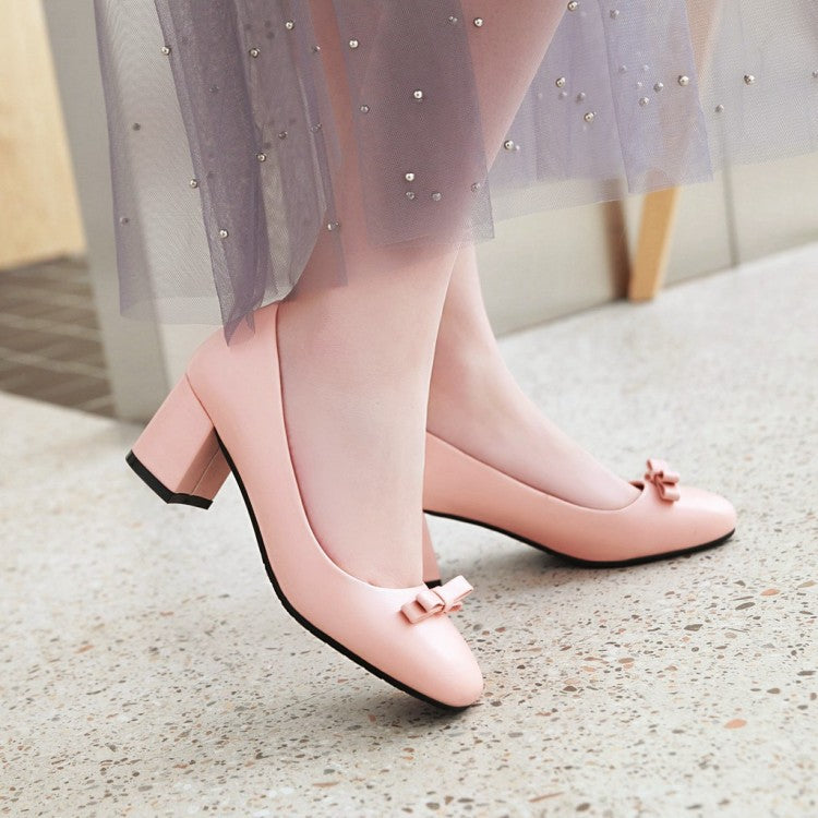 Sweet Bow Knot Thick Heel Shallow Mouth Square Head Middle Heels Women Pumps