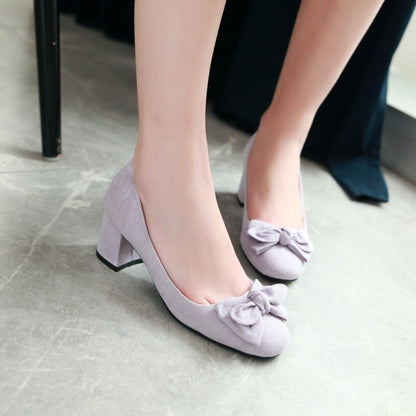 Sweet Butterfly Knot Suede Thick Heel Middle Heels Women Pumps