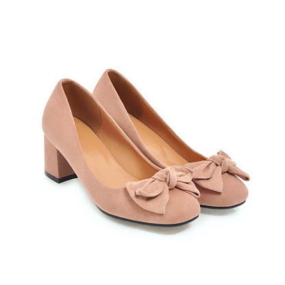 Sweet Butterfly Knot Suede Thick Heel Middle Heels Women Pumps