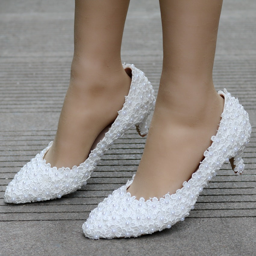 Women Pointed Toe Lace Pearls Bridal Wedding Shoes Pumps Stiletto Heel