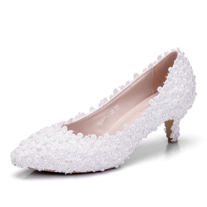 Women Pointed Toe Lace Pearls Bridal Wedding Shoes Pumps Stiletto Heel