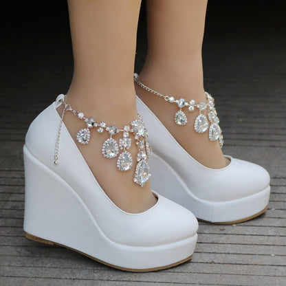 Women Round Toe Rhinestone Chains Wedding Wedge Heel Platform Pumps