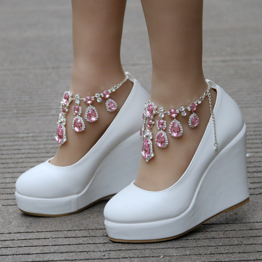 Women Round Toe Rhinestone Chains Wedding Wedge Heel Platform Pumps