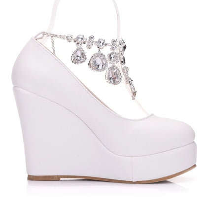 Women Round Toe Rhinestone Chains Wedding Wedge Heel Platform Pumps