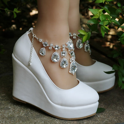 Women Round Toe Rhinestone Chains Wedding Wedge Heel Platform Pumps