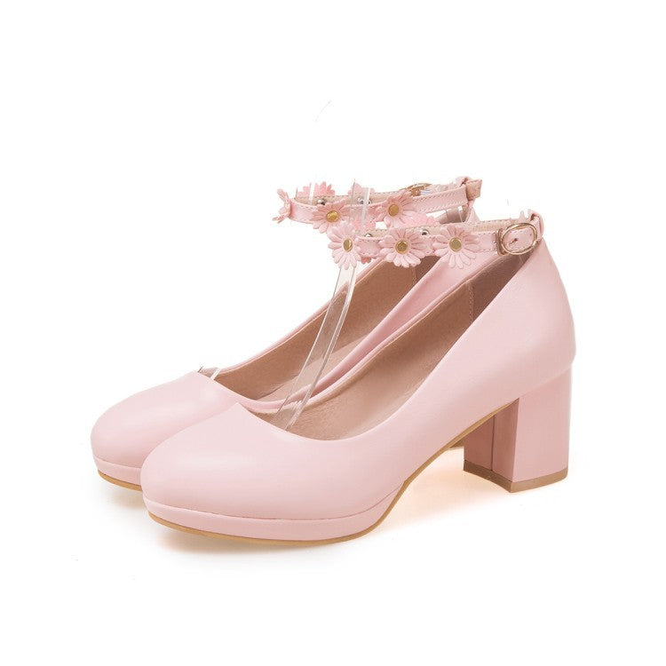 Round Head Thick Heel High Heel Sweet Flowers Women Pumps