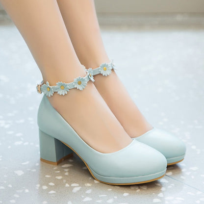 Round Head Thick Heel High Heel Sweet Flowers Women Pumps