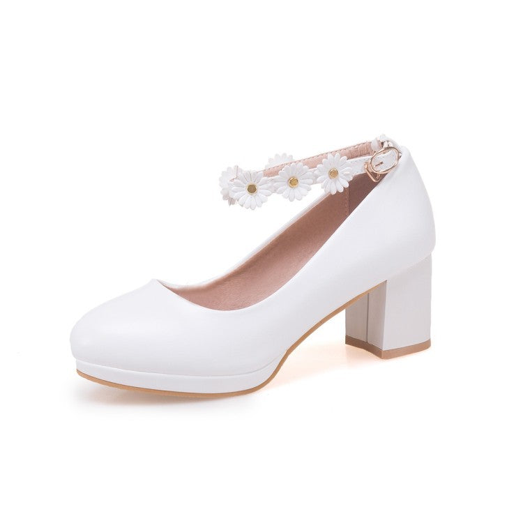 Round Head Thick Heel High Heel Sweet Flowers Women Pumps